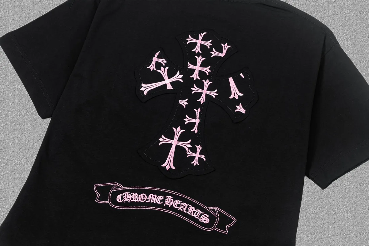 🅿️200 [CH Crow Heart] 2025FW short-sleeved T-shirt, patch embroidery, high-end 26s double yarn 300g fabric, heavy fabric, custom stretcher rib, same cylinder and dye, complete three standards, same style for men and women, color: black, white, size: S M L XL 2XL